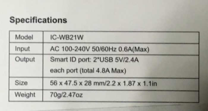スペック表 iClever 2ポート USB充電器 24W acアダプタ 海外対応 iPhone Android タブレット対応 急速充電 IC-WB21W