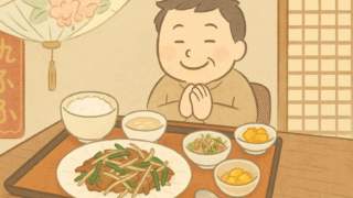 倚水軒でニラレバー定食を食べる