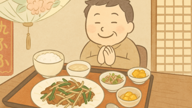 倚水軒でニラレバー定食を食べる