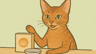 通販番組で商品のいいところを説明するアビシニアン