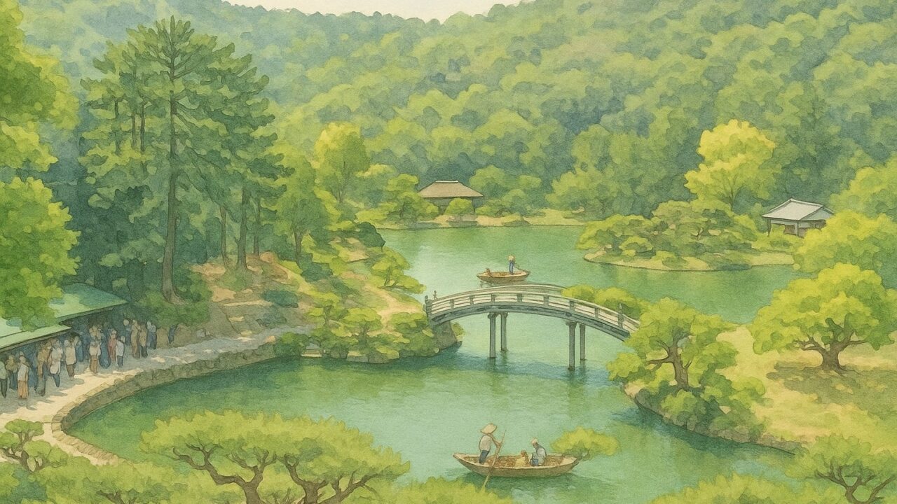栗林公園の池と和舟の水彩風イラスト