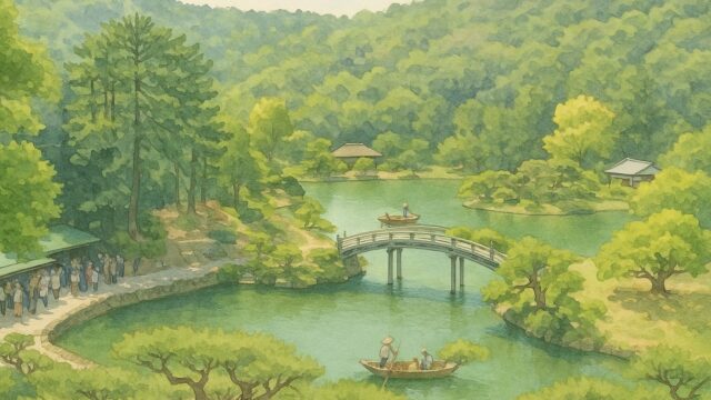 栗林公園の池と和舟の水彩風イラスト