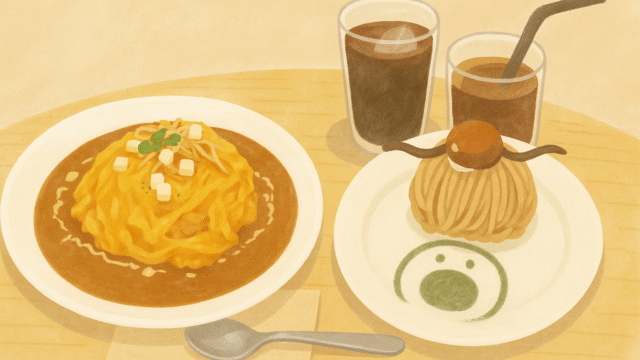 オムココのオムライスと名物かまどのモンブランとアイスコーヒー