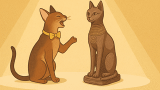 舞台でマイクに向かう猫と無言の猫神像（大さじと小さじの初舞台）