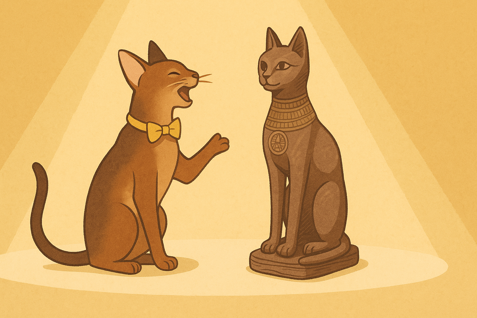 舞台でマイクに向かう猫と無言の猫神像(大さじと小さじの初舞台)