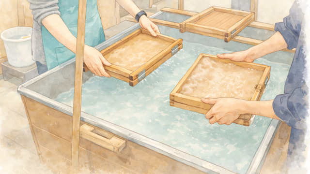 小津和紙にて紙漉き体験　のイラスト