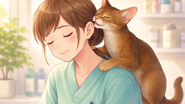 動物看護士さんの肩にのり、毛づくろいしてあげるアビシニアン