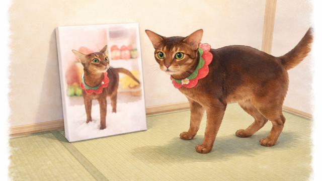 アビシニアンとアート風パネルのイラスト