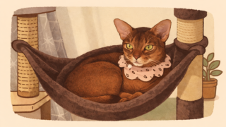 ハンモックでくつろぐアビシニアンのイラスト