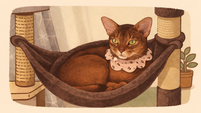 ハンモックでくつろぐアビシニアンのイラスト