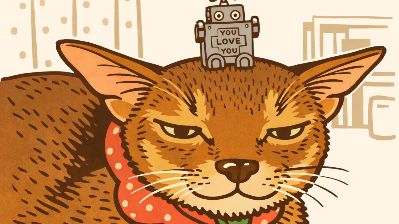 ほぼ日手帳のおまけを頭の上にのせているアビシニアン